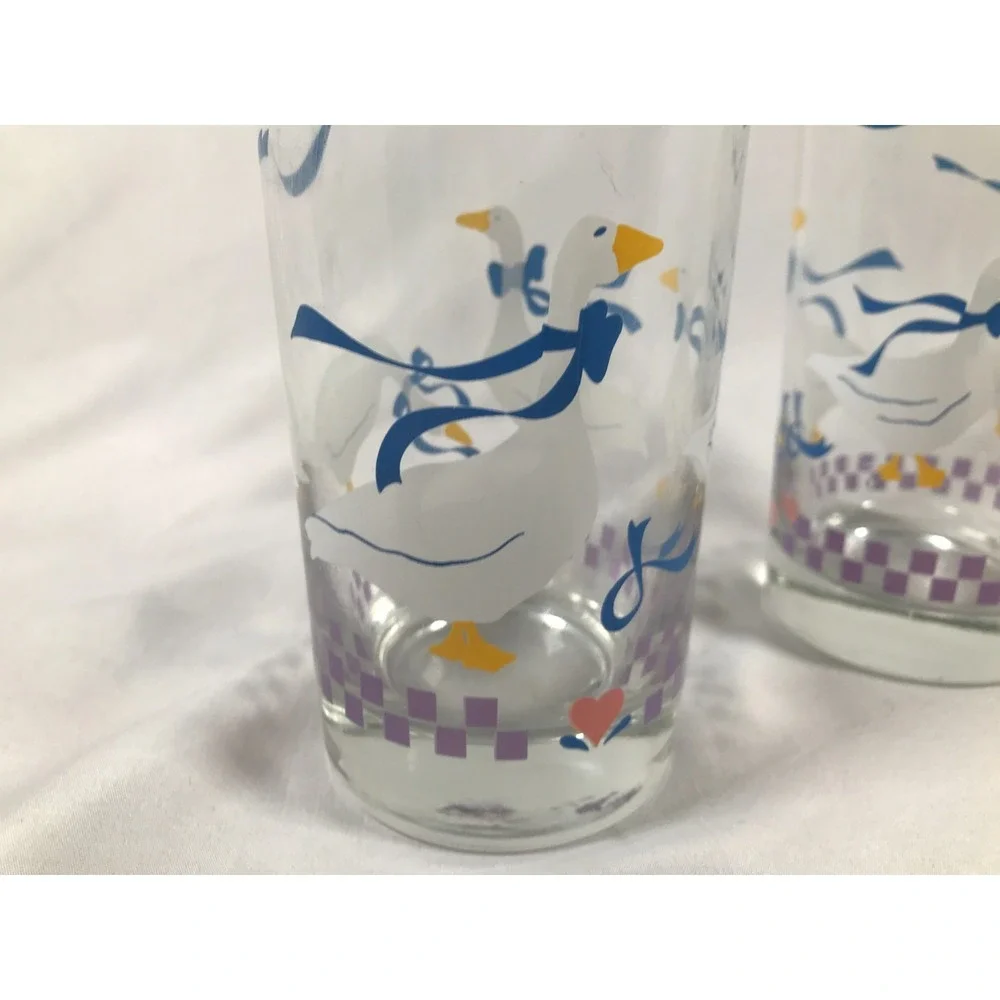 Vintage 80s Country Goose Drinking Glasses White Blue Ribbon Hearts Set of 2